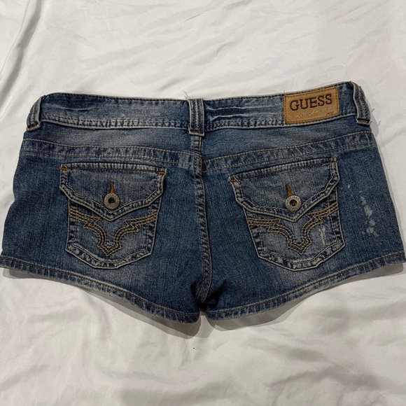 Guess Women's Distressed Dark Blue Denim Shorties - Picture 2 of 3